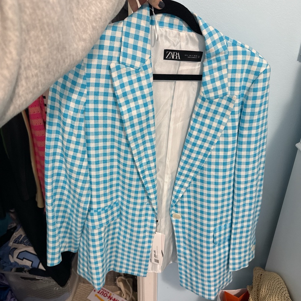 Zara Turquoise Checkered Women's Blazer